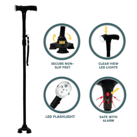 Adjustable Walking Stick Cane With LED Flashlight SOS Alarm Button For Senior Travel Hiking Trekking Pole Folding Crutch Handle Strap 5 Gears (Color: BLACK)